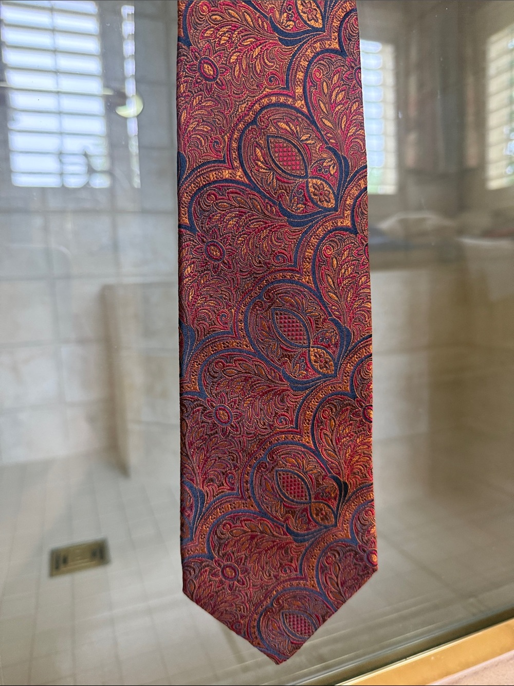 Gucci Red Paisley Silk Tie with Blue and Gold Accents